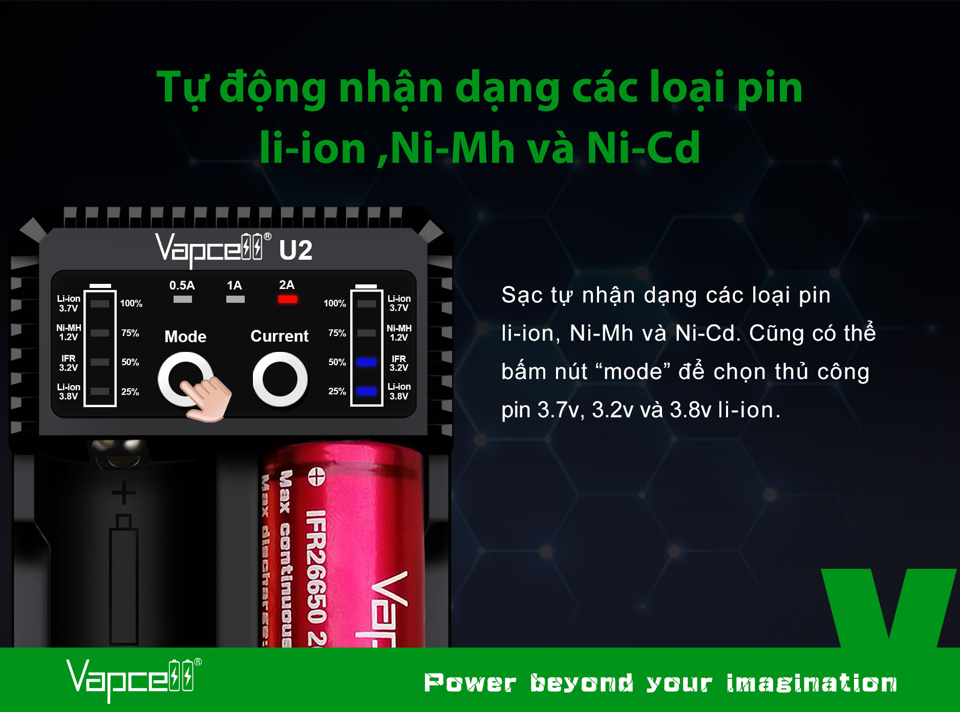 Sạc đôi thông minh Vapcell U2 sạc nhanh 2A