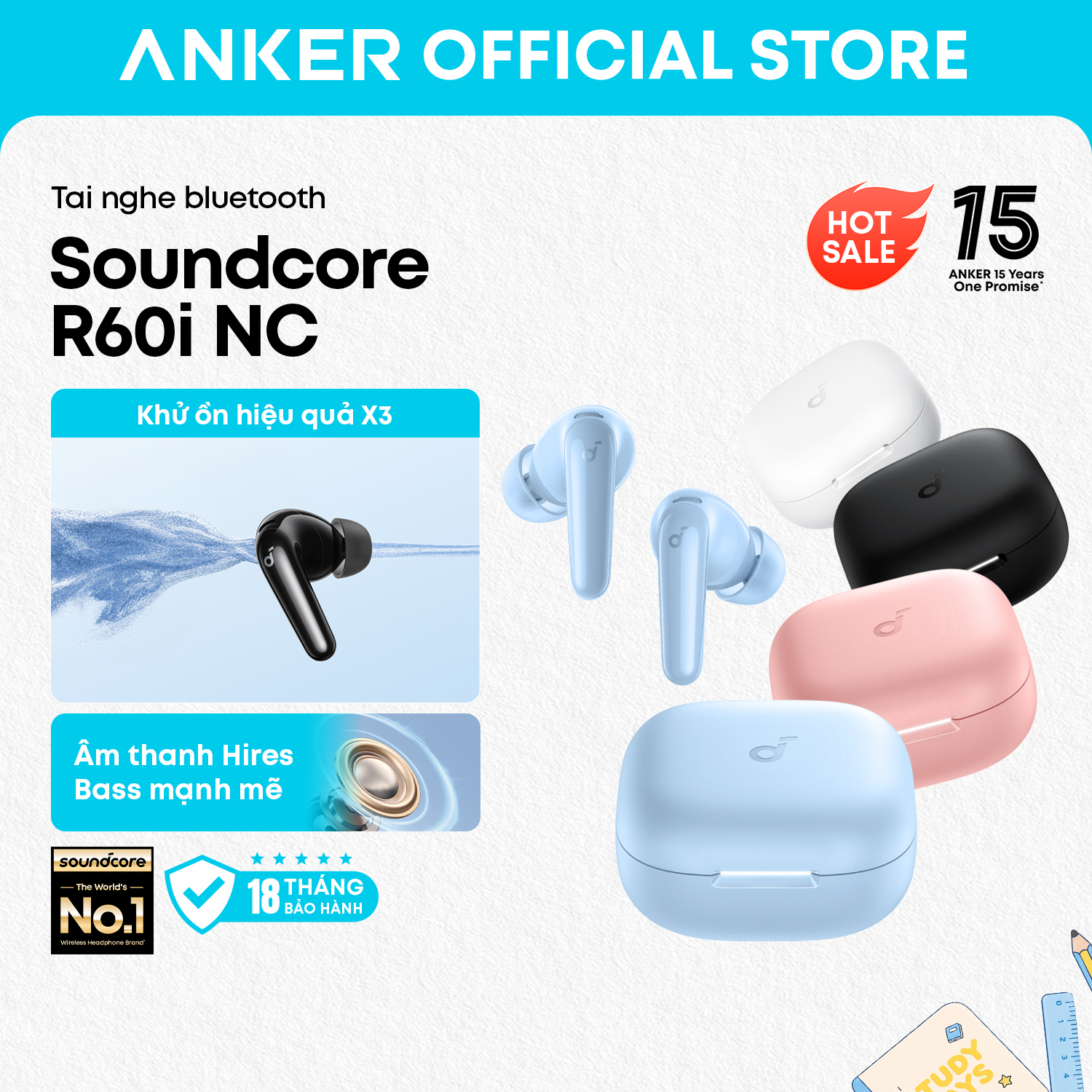 [New Arrive] Tai nghe bluetooth ANC Soundcore R60i NC by Anker | Hires Audio | Chống ồn đến 52dB | Pin 50h | Phiên dịch AI, Model: D1202