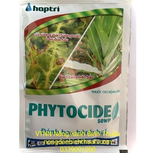 Phytocide 50WP Bệnh sương mai trên cà chua, bệnh giả sương mai trên dưa hấu. Bệnh chết nhanh trên tiêu vàng lá, rụng lá, thối đốt, thối rễ. Bệnh bạch tạng trên bắp Bệnh sương mai trên vải thiều. Bệnh loét sọc mặt cạo trên cao su.