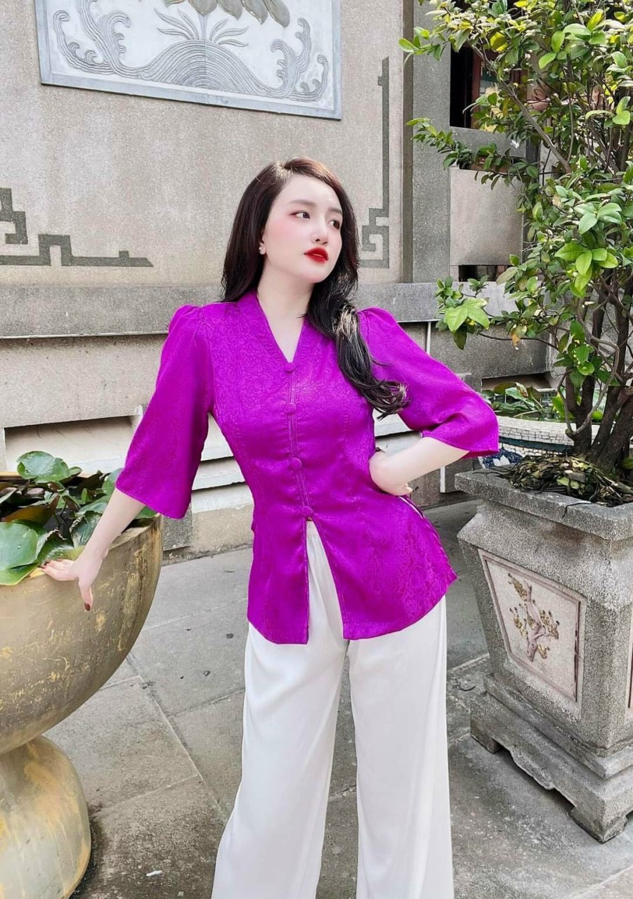 ÁO BÀ BA GẤM CỔ TIM TAY PHỒNG