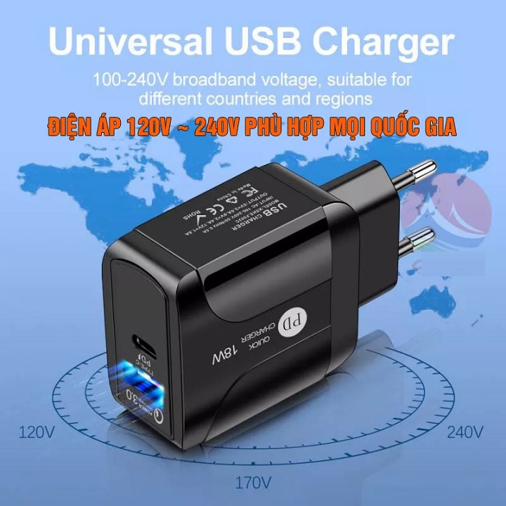 Củ sạc nhanh Usb Qc3.0 cho iphone và các máy androi hỗ trợ 2 cổng USB và Type C