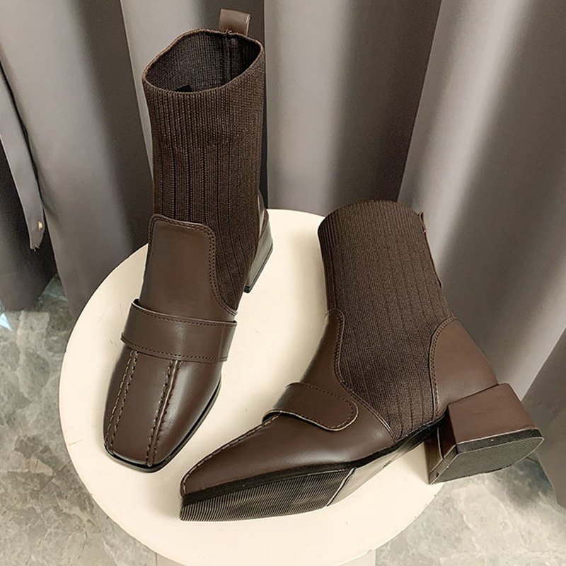 Giày bốt/ boot da phối len đế cao 7cm cực xinh