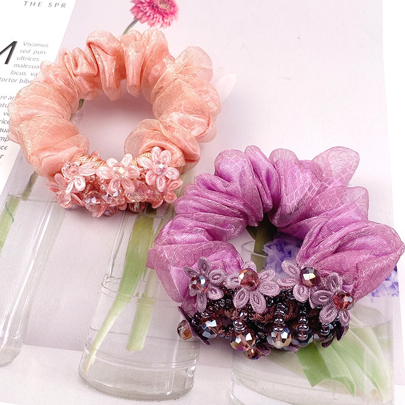 Korean version Organza hair circle exquisite head rope women's leather band tied horsetail crystal broken flower Hair Accessories