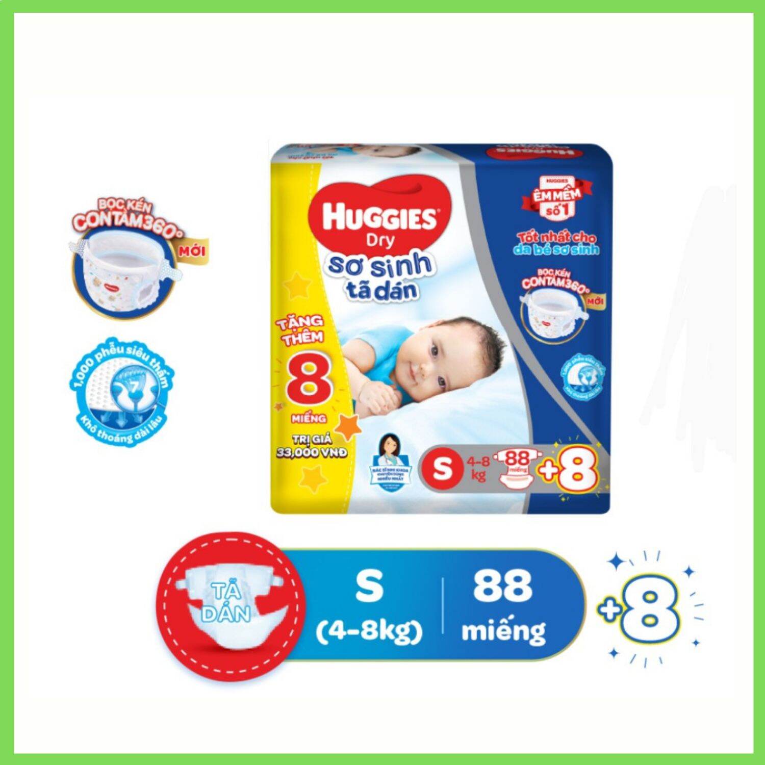 (Tặng 8 miếng) Tã Dán Huggies Size S88