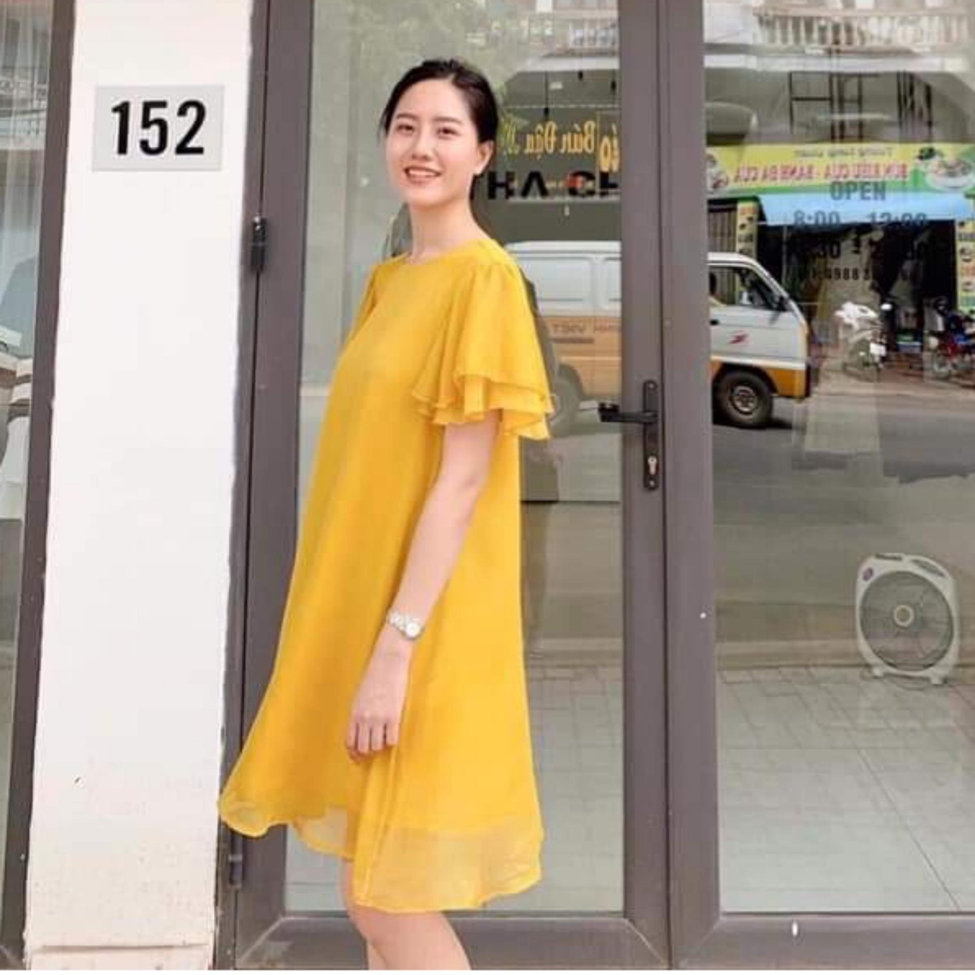 Váy bầu dự tiệc - Đầm bầu công sở màu vàng chất lụa hàn freesize tới 70kg