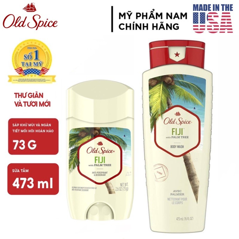 [USA] Combo Old Spice Fiji Gel sữa tắm 473ml + Lăn sáp khử mùi 73g (sáp trắng) - Mỹ nhập khẩu