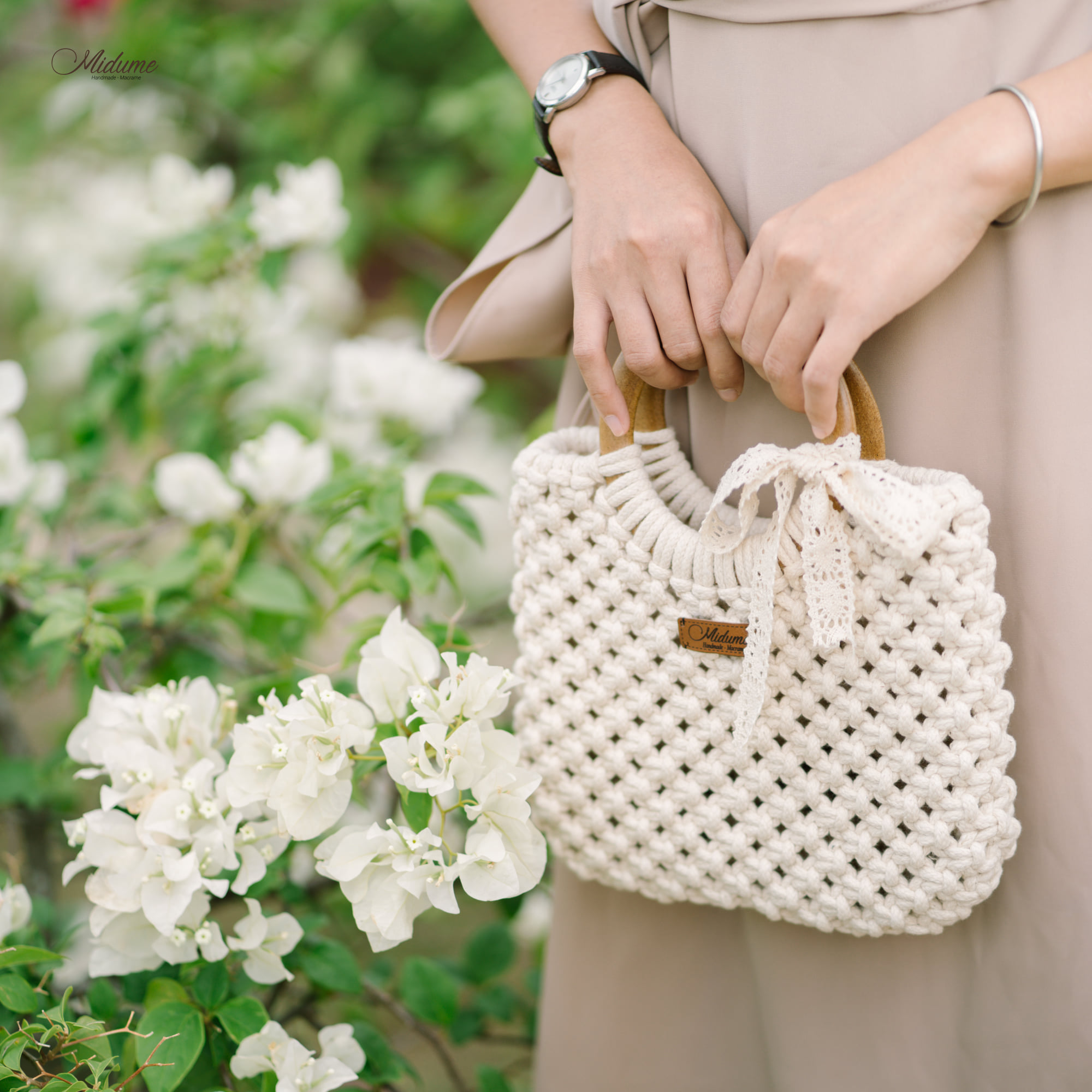 Cặp quai gỗ làm túi xách Macrame