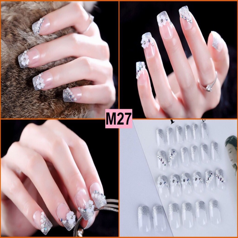 Bộ 24 móng tay giả họa tiết đính hoa xinh xắn thời trang ( có keo dán) giá rẻ