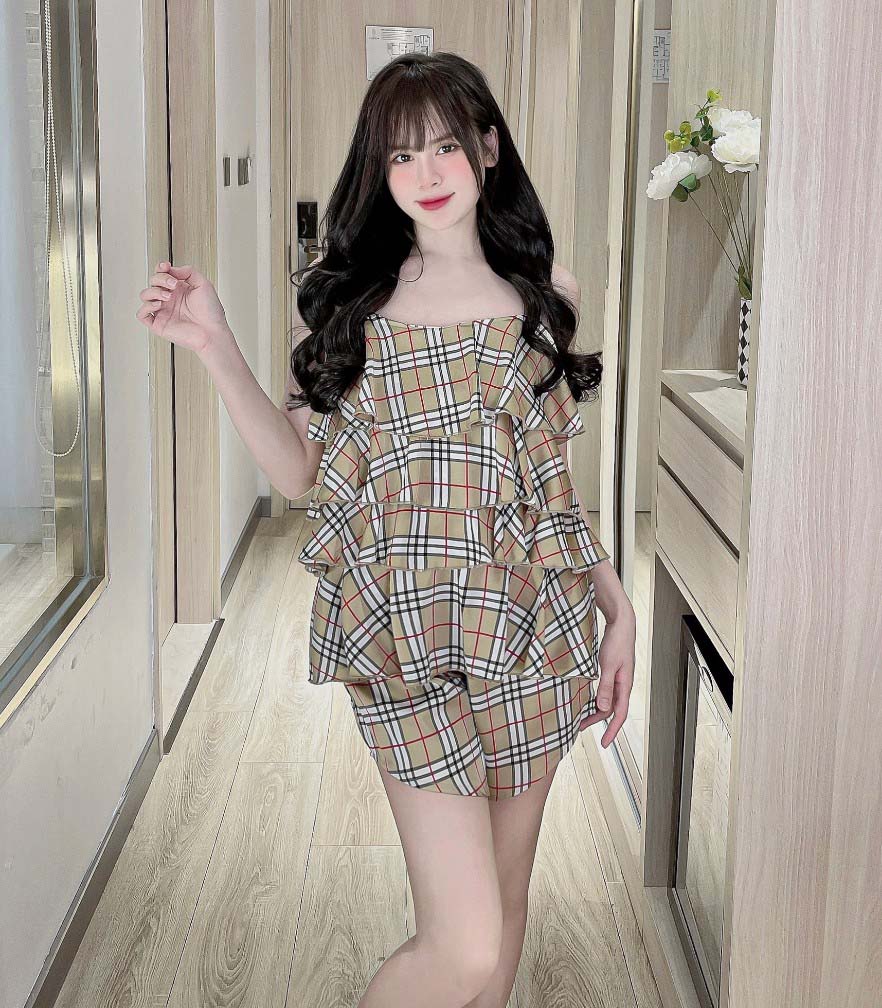 Đồ bộ ngủ mặc nhà 2 dây có túi lụa xước/lụa latin mềm mịn