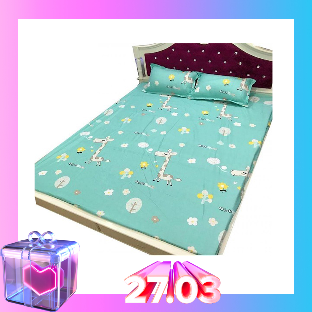 Bộ Ga Chun và 2 áo gối nằm mẫu hươu xanh , drap cotton, drap, ra giường, ga trải giường. drap giường, mềm, ra trải giường remato