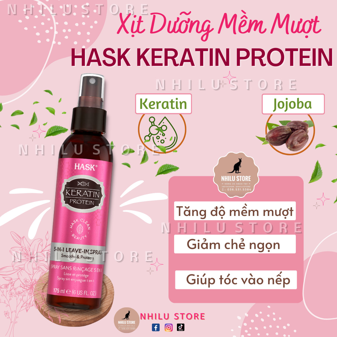Xịt dưỡng mềm mượt tóc Hask Keratin - 175ml ( bill ÚC )