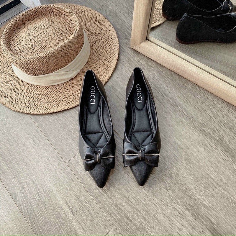 C9 - Giày búp bê mũi nhọn siu xinh thắt nơ hai màu