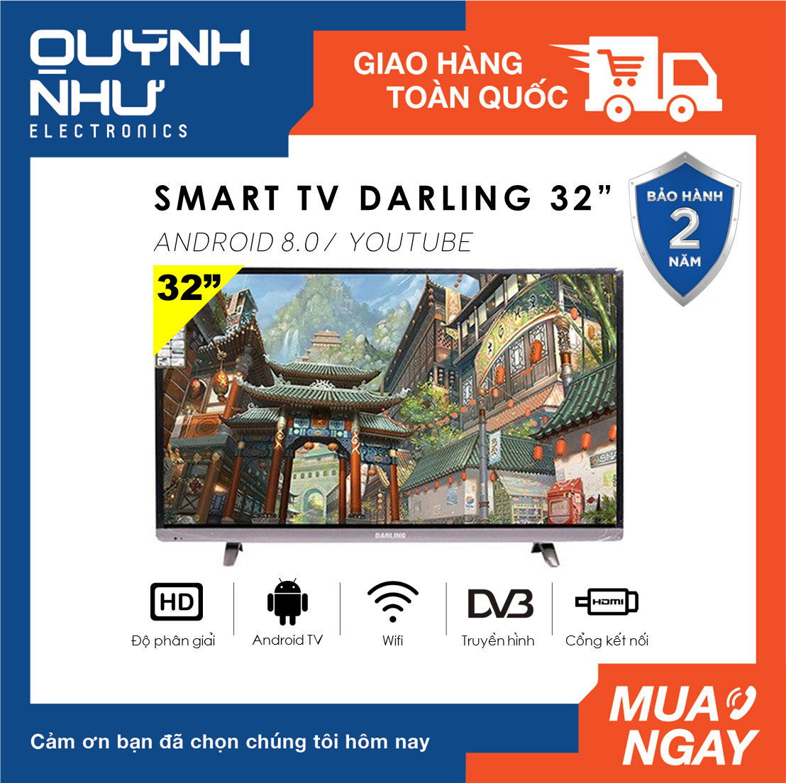 (Trả Góp 0%) Smart Tivi Darling 32 inch Kết nối Internet Wifi Model 32HD960S1 / 32HD966S (mẫu nâng cấp của 32HD960S, HD Ready, Android 8.0,...
