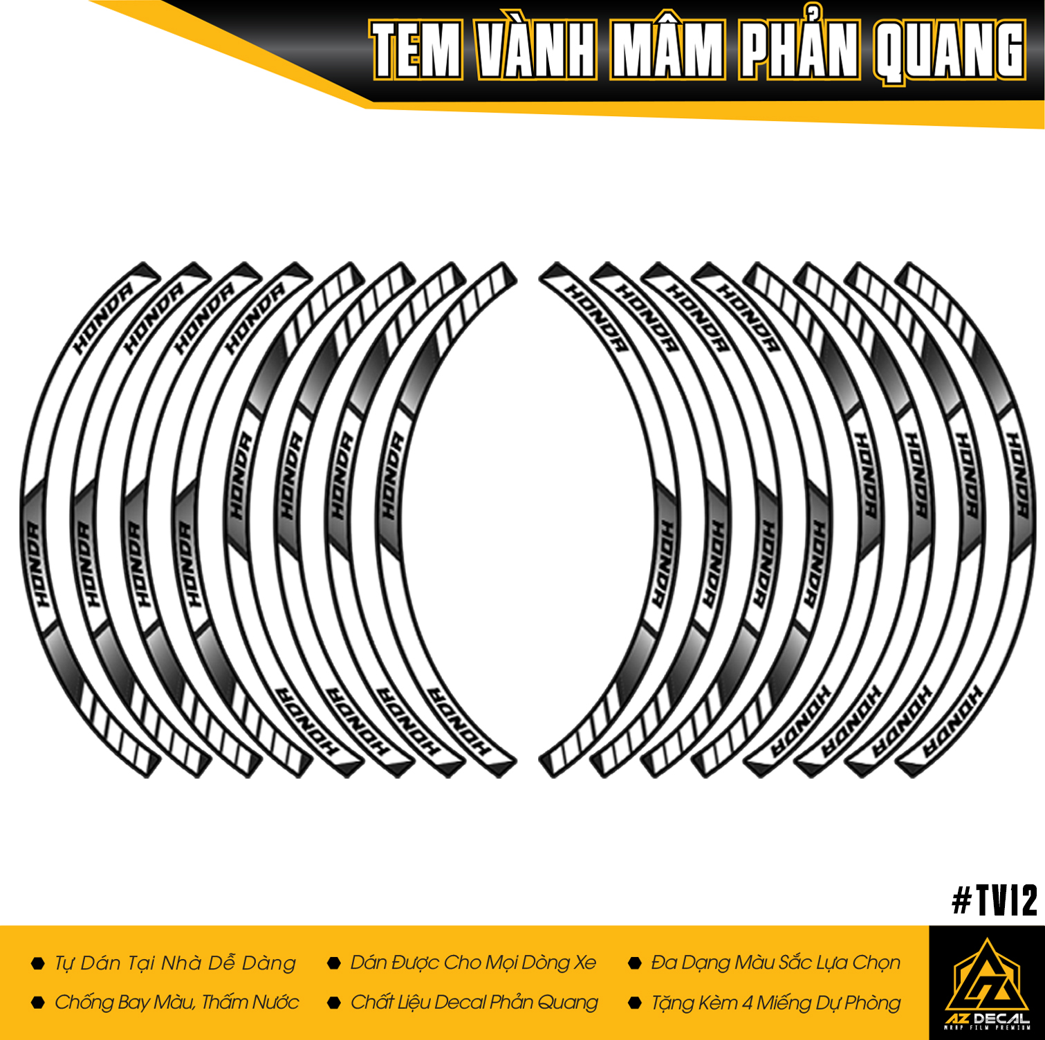 Tem Dán Vành Phản Quang Mẫu Honda YZF | TV12 | Tặng Kèm 2 Tem Dán Phuộc Chống Nước, Bền Màu