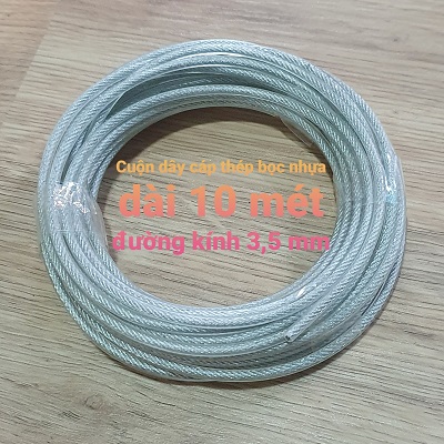 Cuộn 10 Mét Dây Cáp Thép Bọc Nhựa Phi 3,5mm Tặng 2 Ốc Siết Cáp Tương Ứng Với Đường Kính Dây Cáp