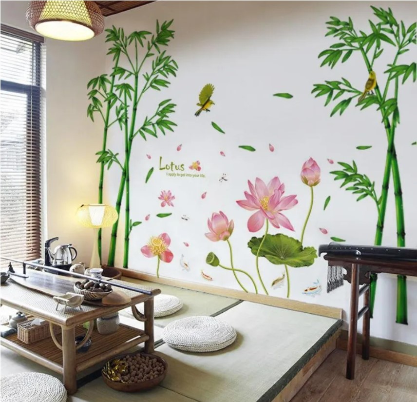 Sticker Tranh Dán Tường, Decal dán tường kết hợp Hoa Sen Hồng và Bụi Tre  AM9104+XL8292