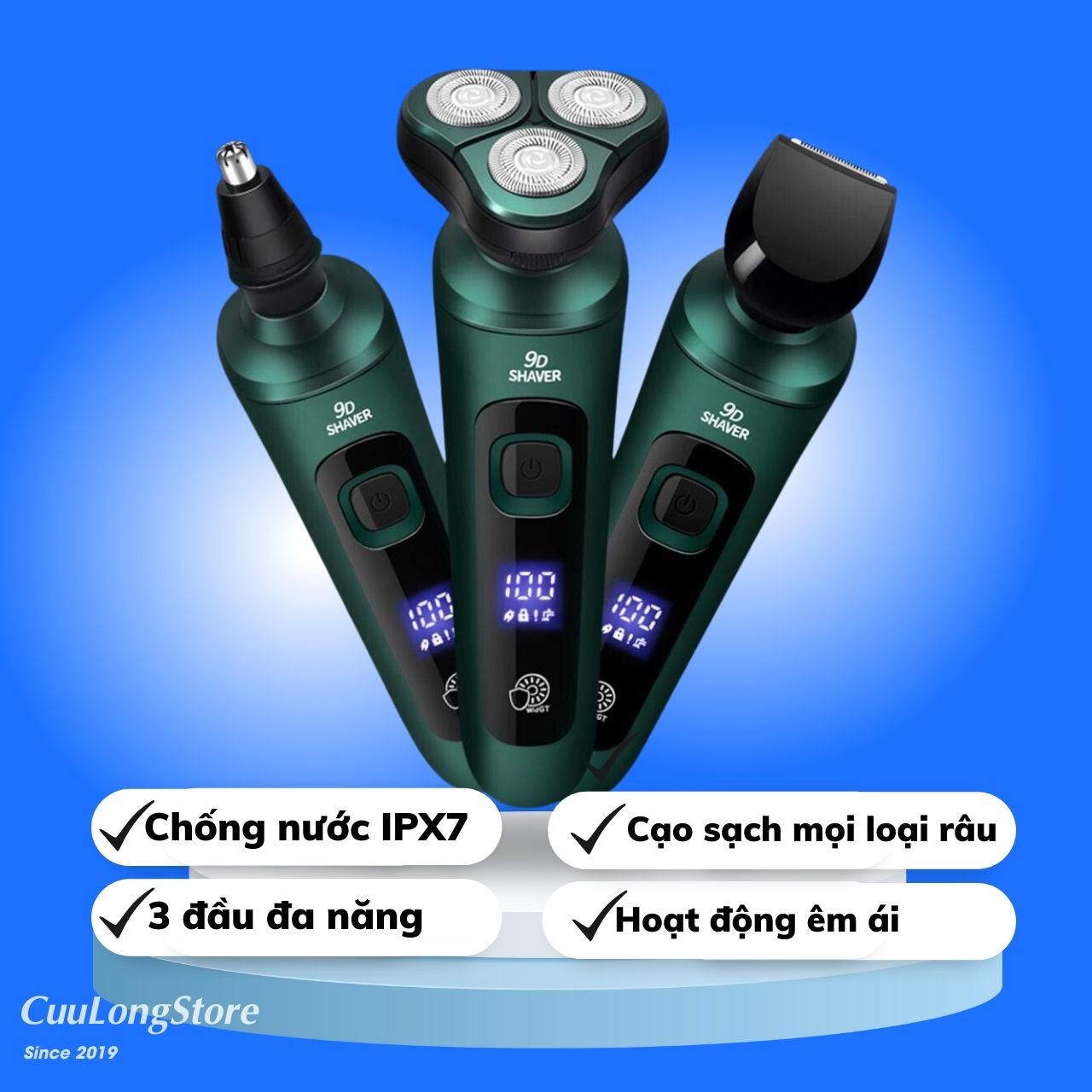 Máy Cạo Râu 9D Lưỡi Dao Kép đa năng, đầu tông đơ cắt tỉa lông mũi, chống nước IPX7, sạc pin màn hình kỹ thuật số hoạt động êm ái