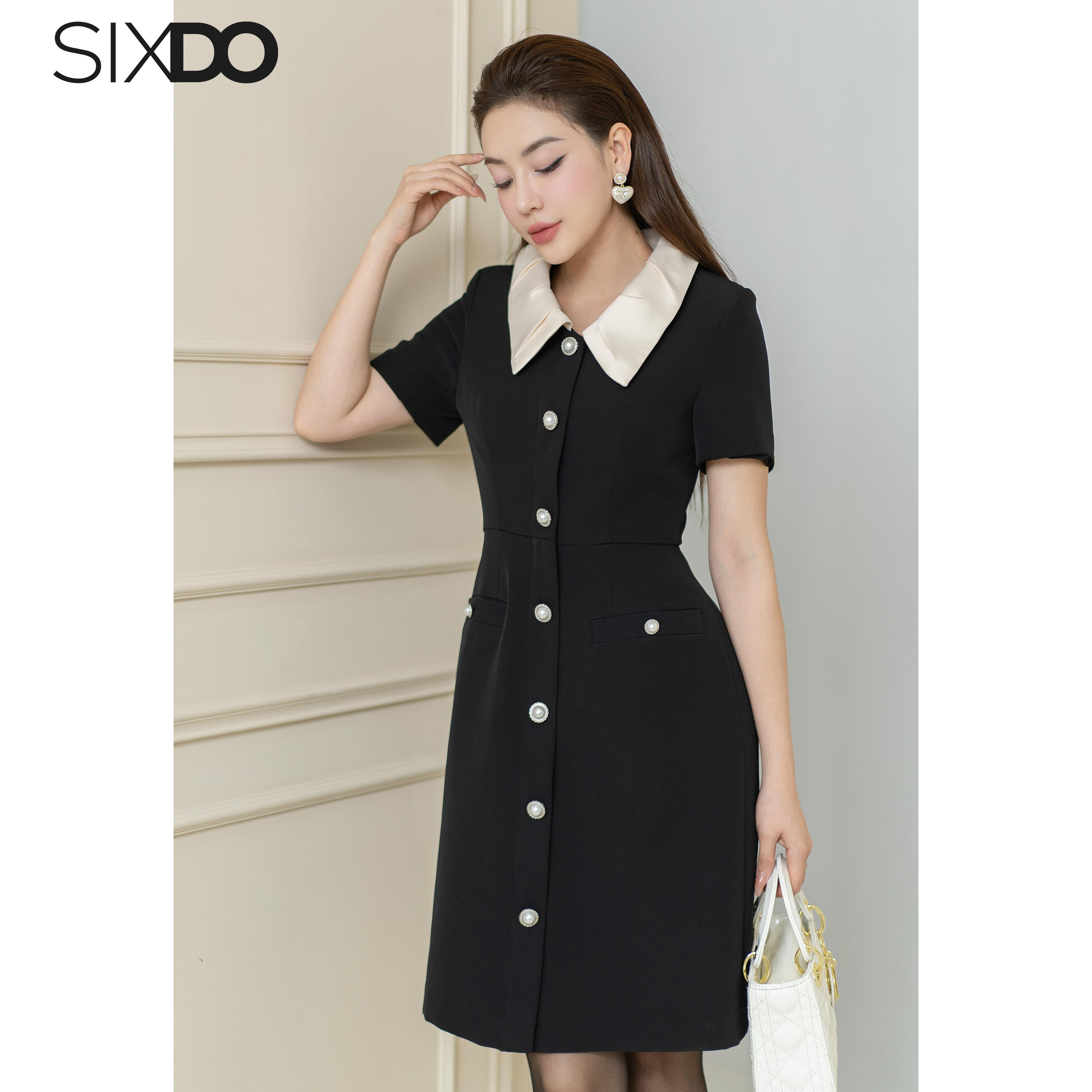 Đầm thô cổ sơ mi phối cúc SIXDO (Black Horn-buttons Mini Raw Dress)