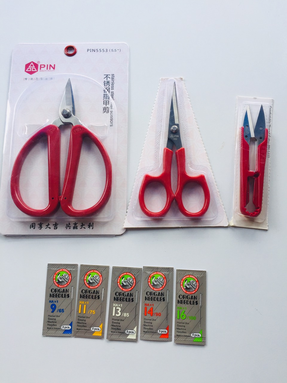 Combo 1 kéo bấm chỉ mũi cong kéo bổ cơi kéo bấm chỉ pin và 5 vỉ kim máy may gia đình số 9.11.13.14 và 16