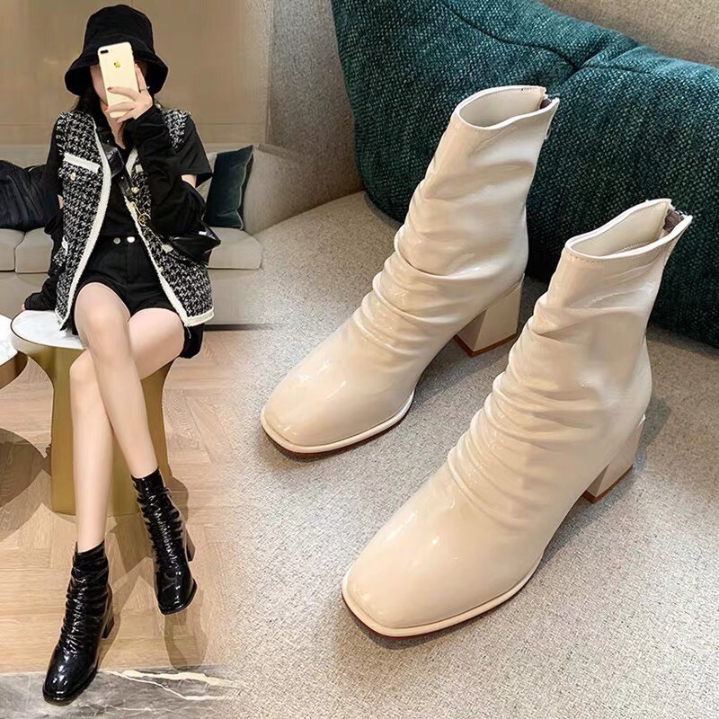 Boots nhăn đế trụ da bóng thời trang nữ