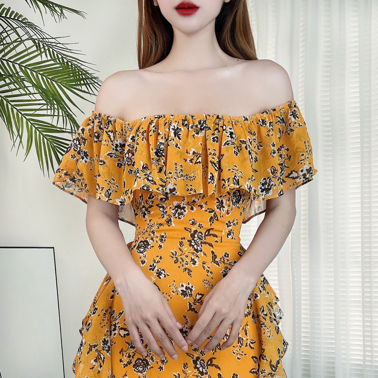 Đầm maxi nữ hoa bèo dọc đuôi cá có thắt eo MIMIX CE5265