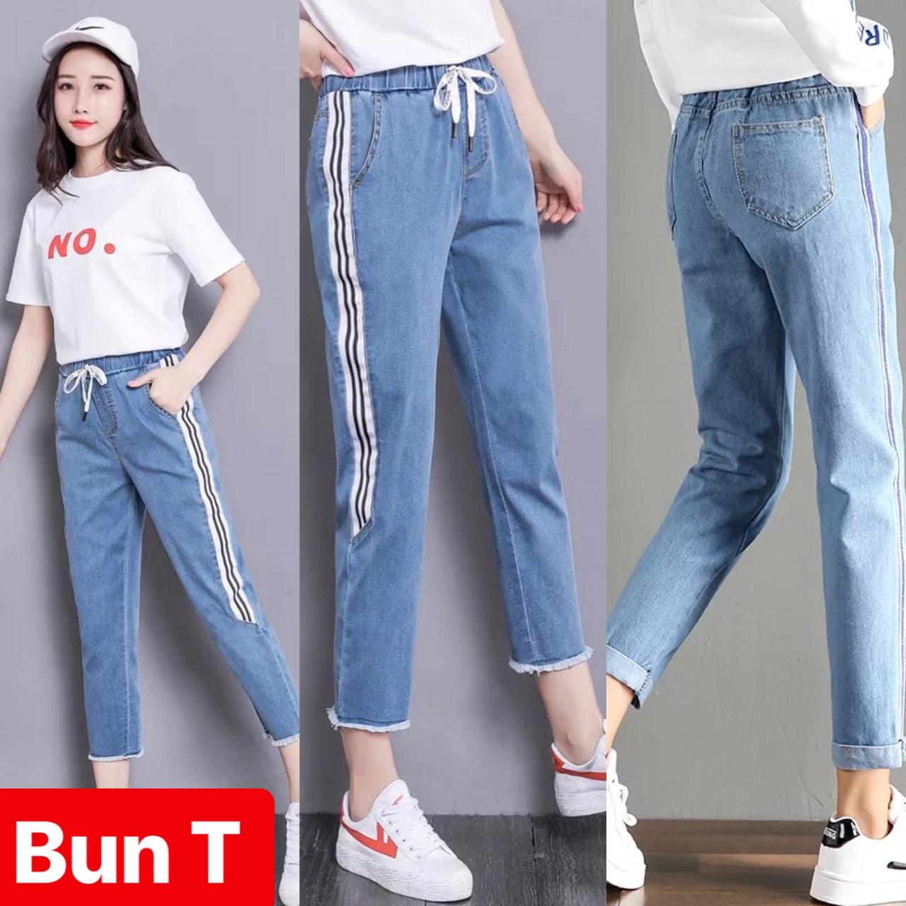 QUẦN BAGGY JEAN NỮ CHẤT BÒ XANH SỌC LƯNG THUN LƯNG CẠP CHUN CAO NÂNG MÔNG NHẬT BẢN HOKAIDO T&T-259 - TRANG BUN FASHION