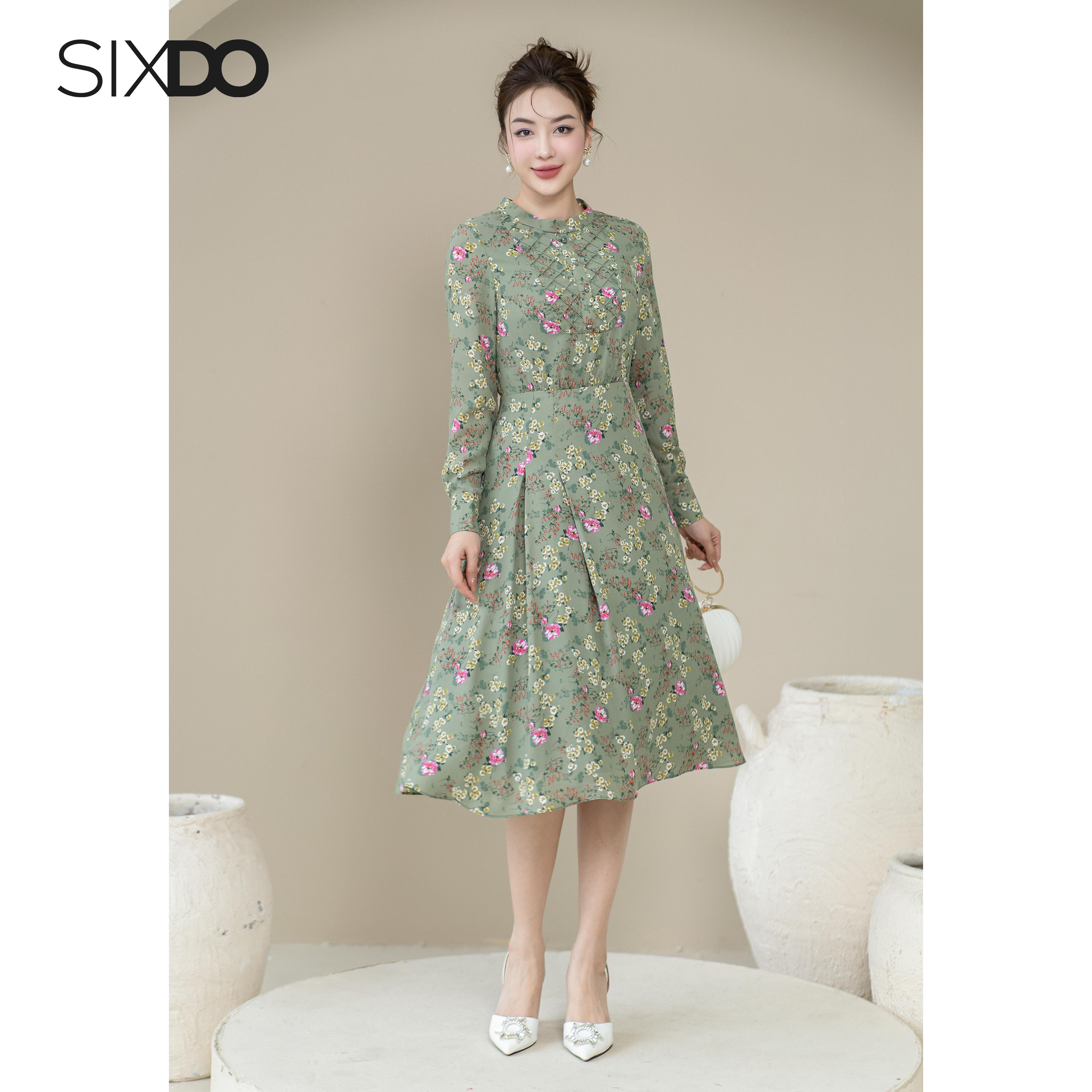 Đầm chiffon hoa nhí dài tay SIXDO (Floral Chiffon Midi Dress)