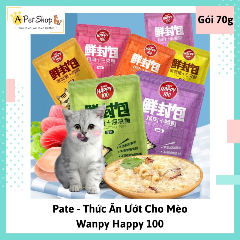 [Pate cho mèo] Thức ăn ướt cho mèo Wanppy Happy 100 gói 70gr - A Pet Shop