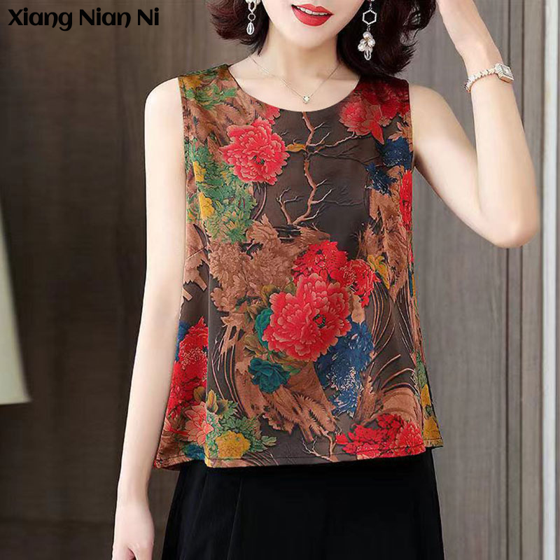 Xiang Nian Ni   Vest for Women Fashion Print Sleeveless Round Neck Vest Loose Large Size