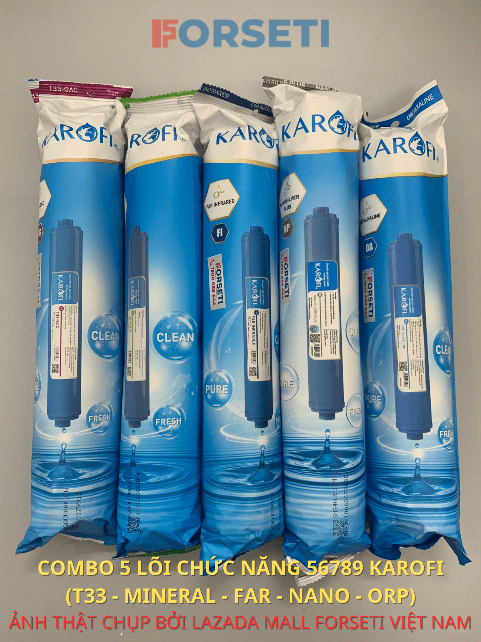 Combo 5 Lõi Lọc Chức Năng 56789 KAROFI (T33 Min Far Orp Nano) (Tặng 1 Cút T Nối Nhanh Và 1 Mét Dây 6mm)