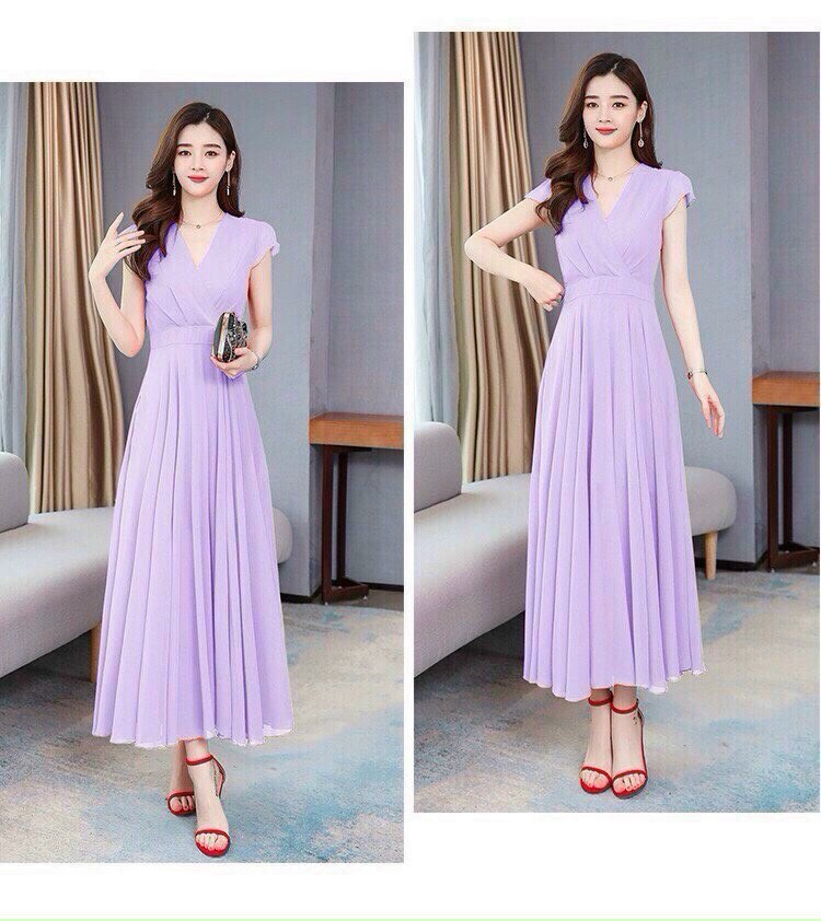 đầm maxi cổ v tay con chất vải chifon