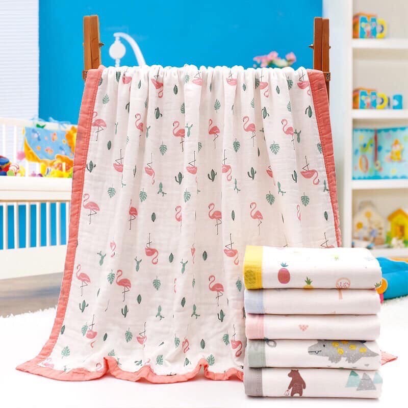 Khăn tắm xô / chăn đắp 6 lớp bo viền cho bé, kt 110x120cm
