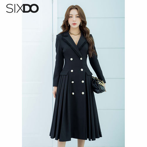 Đầm đen dài tay cổ vest thời trang SIXDO (Black Coat Midi Raw Dress)