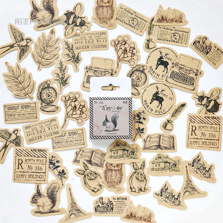HỘP 46 STICKER VINTAGE SÓC, ĐỘNG VẬT