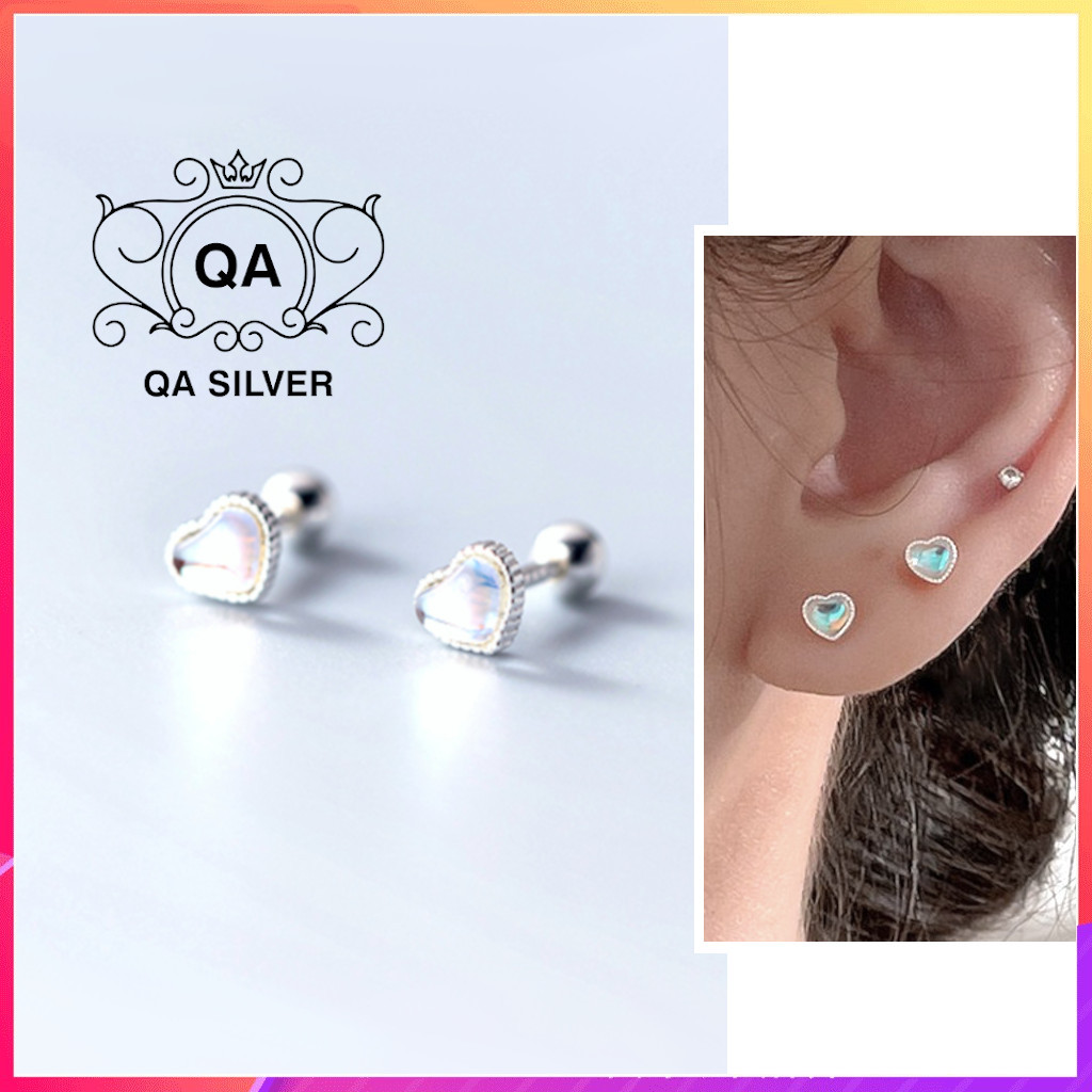 Khuyên tai bạc 925 trái tim đính đá chốt bi vặn ánh xà cừ bông nụ nam nữ S925 HEART QA SILVER Earrings EA220402