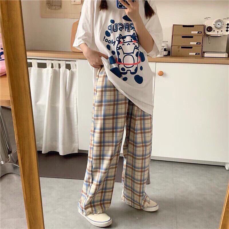 Quần kẻ karo nữ ống rộng
