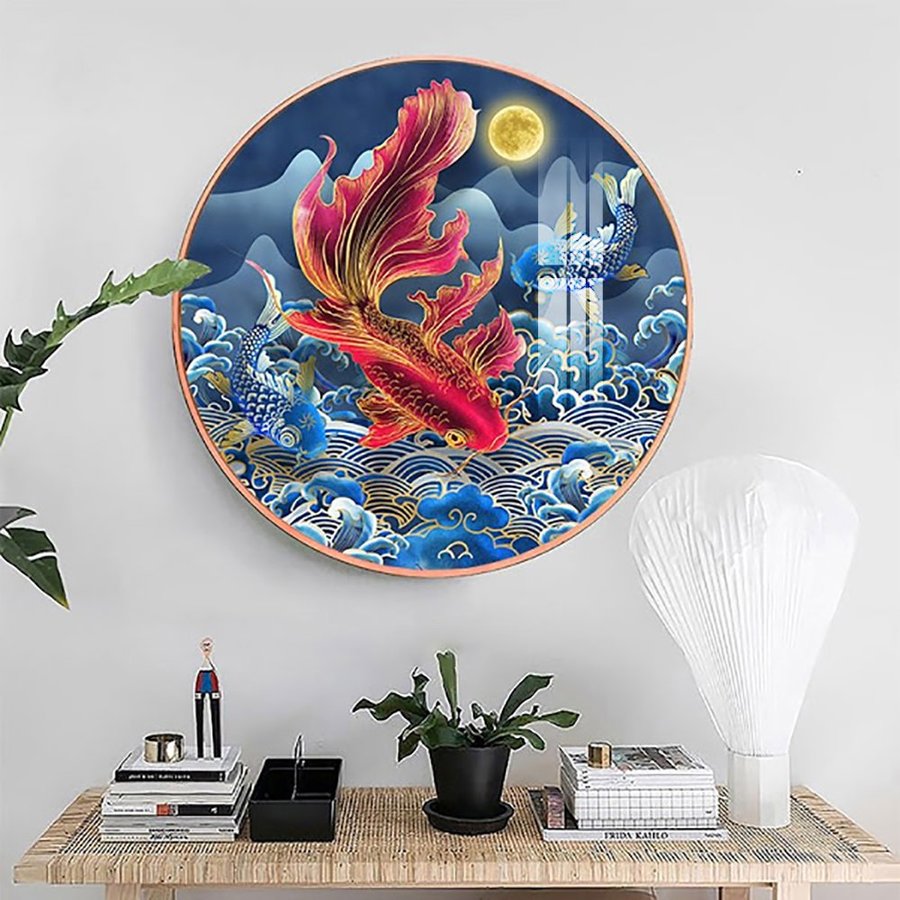 Tranh tròn tráng gương 3d cao cấp - cá chép vượt vũ môn