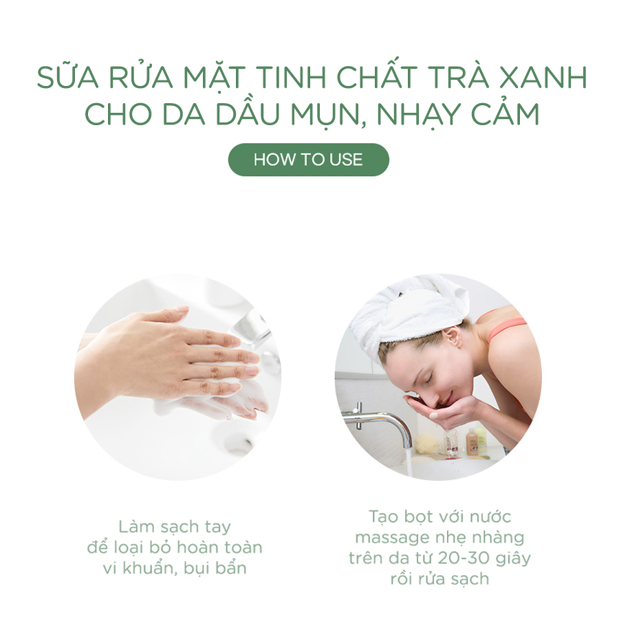 Sữa rửa mặt cho da dầu, mụn, nhạy cảm Trà Xanh Vacci