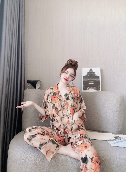 Đồ ngủ pijama lụa mango loại 1 tay dơi hoa hồng