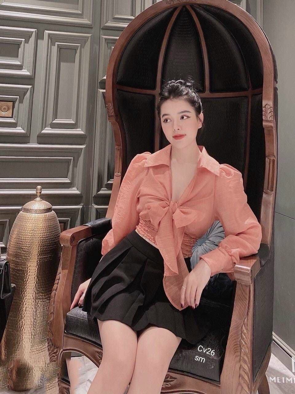 Áo voan lụa dày dặn nhún eo nơ ngực cực xinh TTSA0866