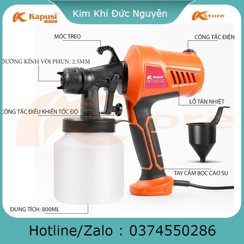 Máy phun sơn điện cầm tay kapusi japan 500w, tốc độ phun 650ml/phút, đường kính vòi phun 2.5mm, máy phun sơn tiêu chuẩn nhật bản