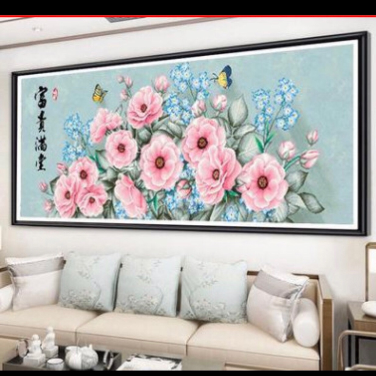 Tranh thêu chữ thập hoa hồng chỉ lụa thêu kín kt 210x83 cm