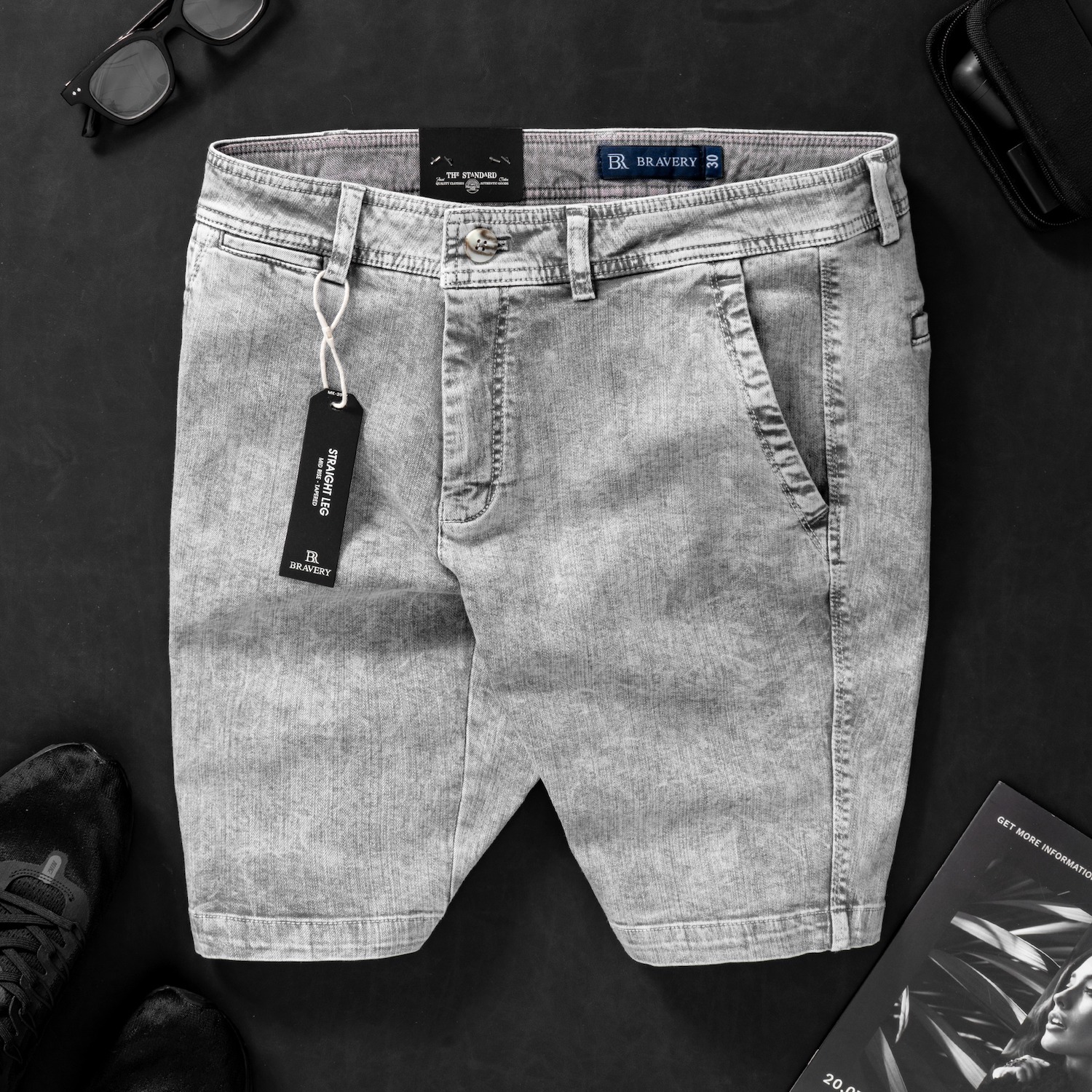 Quần short nam, Quần short nam jean xước Jenka Xám Trắng co giãn, mềm mịn