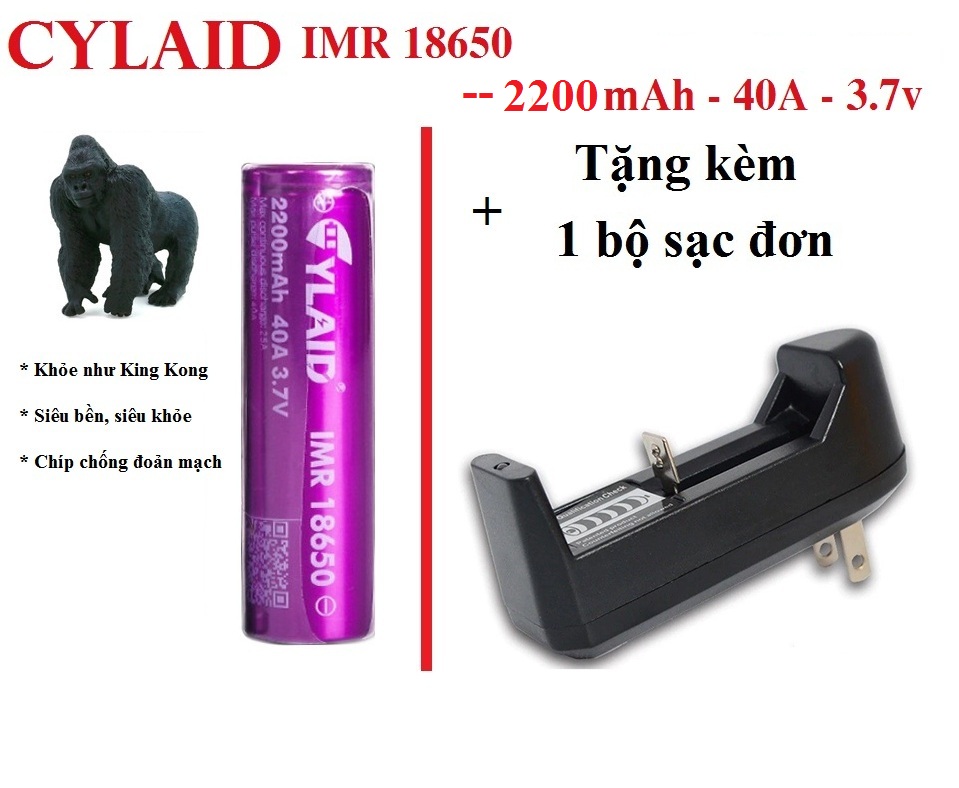 Pin Tím Cylaid IMR 18650, độ xả cao 40A - Pin Chất Lượng Cao Có Chip Chống Đoản Mạch (1 Viên) + Kèm 1 sạc đơn tiện dụng - dùng cho Box sạc, cell laptop, đèn pin, mic, đồ công nghiệp...hiệu suất chuyển đổi năng lượng cao