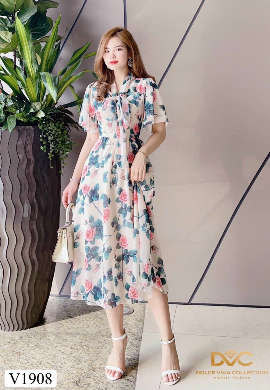 Đầm lụa hoa nữ dáng dài cột nơ siêu xinh