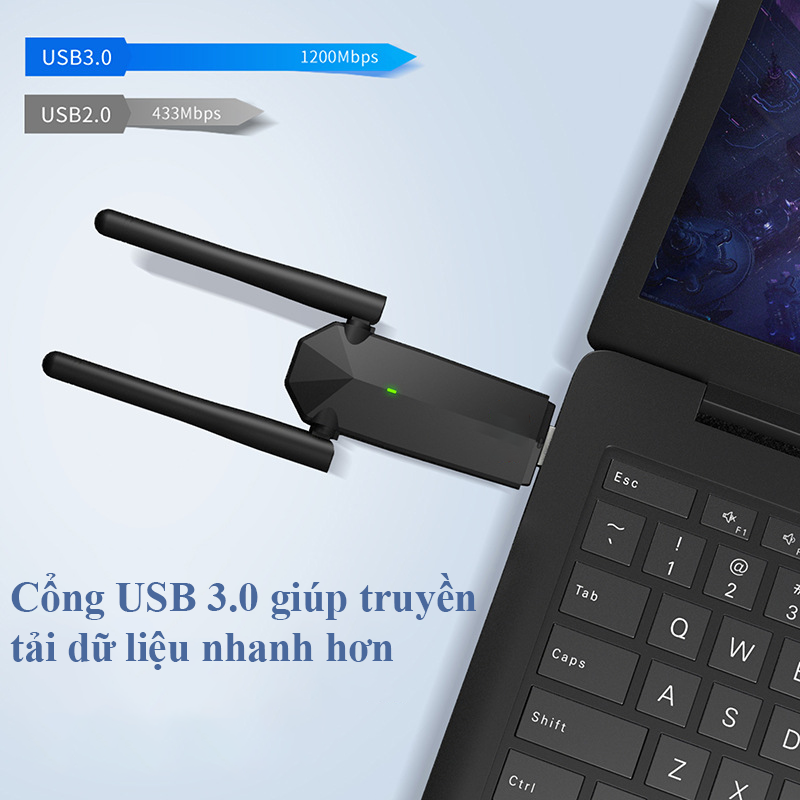 USB Wifi Cho PC 2 Râu Không Dây AC1300M Băng Tần Kép 5Ghz 2.4Ghz 1300Mbps Bộ Thu Sóng Wifi Chuẩn Wifi5 802.11 AC B G N