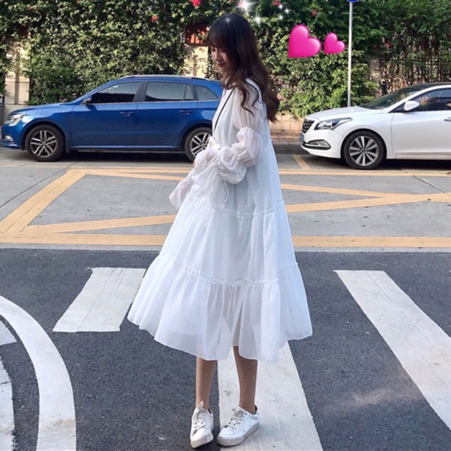 Váy xòe tiểu thư babydoll dáng dài, Đầm babydoll dự tiệc quảng châu màu  trắng, đen, xanh ulzzang hàn quốc | Shopee Việt Nam