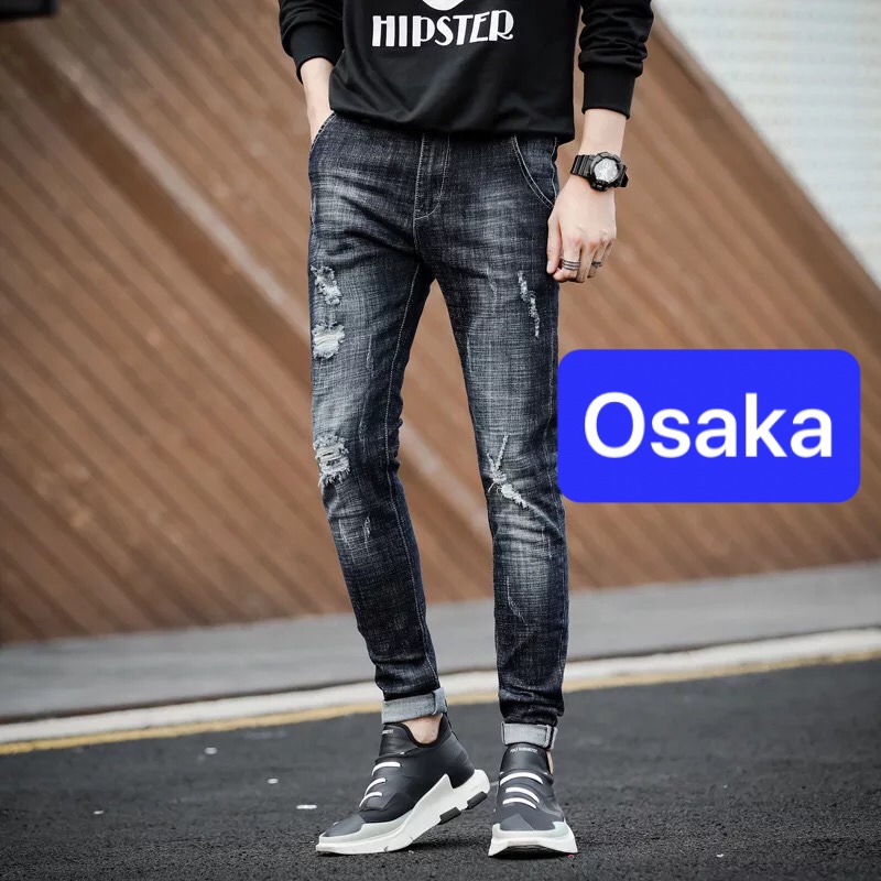 QUẦN JEAN NAM CHẤT BÒ ĐEN NHÁM RÁCH KIỂU SÀNH ĐIỆU NHẬT BẢN OK-378 - OSAKA FASHION