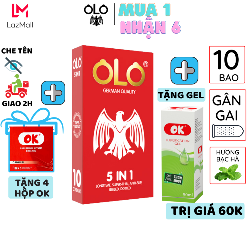 Bao cao su olo gân gai 5 in 1 10 bao/hộp tặng 4 hộp OK + Gel bôi trơn kéo dài thời gian tinh dầu bạc hà siêu mỏng chống tuột