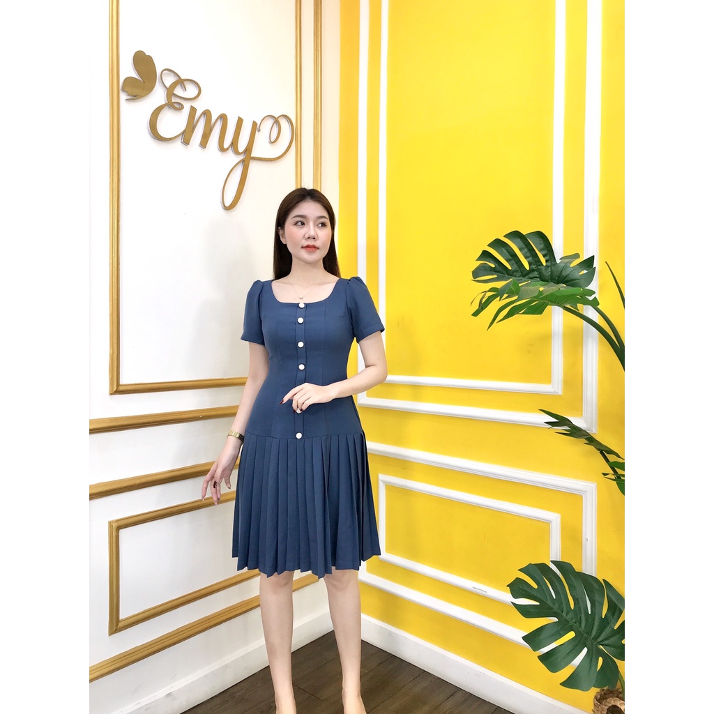 Đầm EMY EM6609 Xòe Xanh Navy Dập Ly